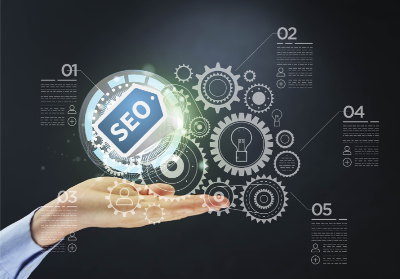 Hand presenting seo tag with infographic elements